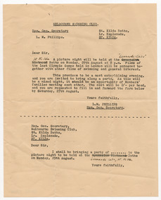 Ephemera - Invitation, Melbourne Swimming Club, c1949