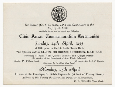 Ephemera - Invitation, Civic Anzac Commemoration Ceremonies, 1955