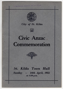 Ephemera - Special event program, Civic Anzac Commemoration, 1955