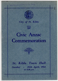 Ephemera - Special event program, Civic Anzac Commemoration, 1954
