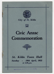Ephemera - Special event program, Civic Anzac Commemoration, 1953