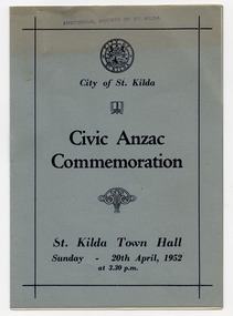 Ephemera - Special event program, Civic Anzac Commemoration, 1952