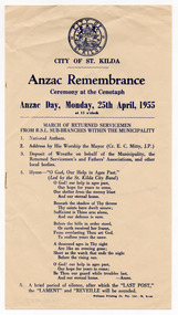 Ephemera - Flyer, Anzac Remembrance Ceremony at the Cenotaph, 1955