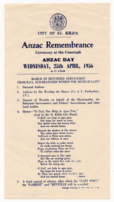 Ephemera - Flyer, Anzac Remembrance Ceremony at the Cenotaph, 1956