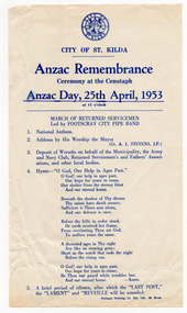 Ephemera - Flyer, Anzac Remembrance Ceremony at the Cenotaph, 1953