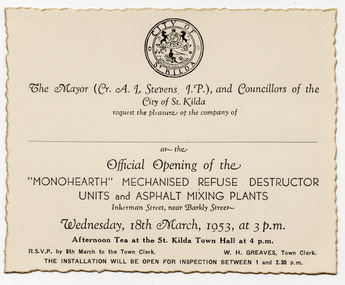 Ephemera - Invitation, Official Opening of the 'Monohearth' Mechanised Refuse Destructo Units and Ashphalt Mixing Plants, 1953