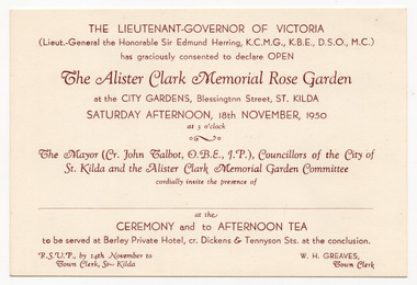 Ephemera - Invitation, The Alister Clark Memorial Rose Garden, 1950