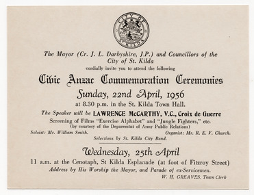 Ephemera - Invitation, Civic Anzac Commemoration Ceremonies, 1956