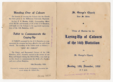 Ephemera - Program - religious service, Laying-Up of Colours of the 14th Battalion, 1950