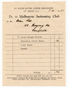 Administrative record - Receipt, Melbourne Swimming Club, 1950