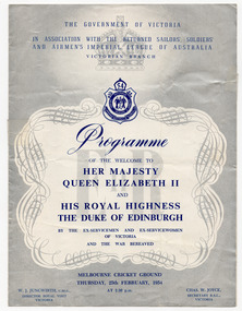 Ephemera - Program, Programme of the Welcome to Her Majesty Queen Elizabeth II and His Royal Highness The Duke of Edinburgh, 1954