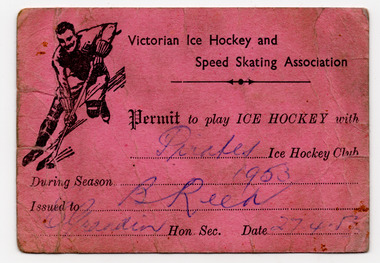 Ephemera - Ticket, Permit to play ice hockey, 1953