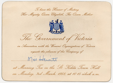 Ephemera - Invitation, Women's Organizations of Victoria Morning Tea, 1958