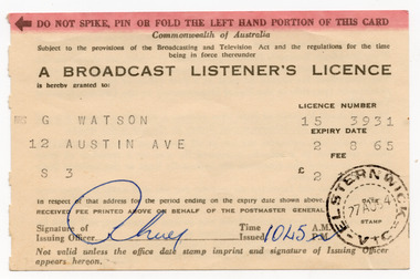 Administrative record - Licence, Broadcast Listener's Licence, 1964