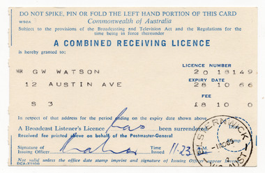 Administrative record - Licence, Combined Receiving Licence, 1965