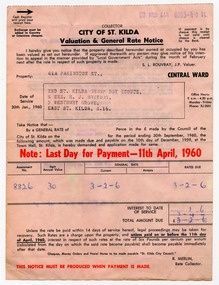 Administrative record - Notice, Valuation and General Rate Notice, 1960