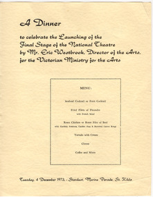 Ephemera - Menu, A Dinner to Celebrate the Launching of the Final Stage of the National Theatre, 1973