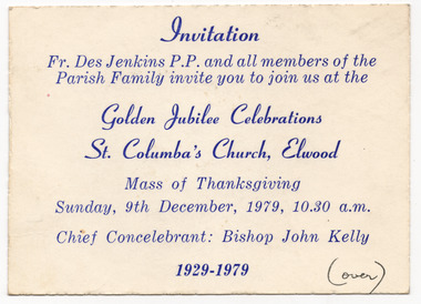 Ephemera - Invitation, Golden Jubilee Celebrations, St Columba's Church, Elwood, 1979