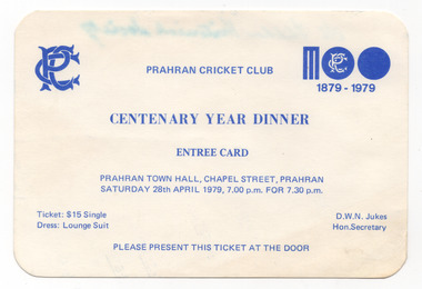 Ephemera - Entree card, Centenary Year Dinner, 1979