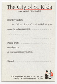 Document - Form, The City of St Kilda calling card, c1980s