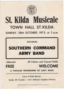 Ephemera - Poster, St Kilda Musicale featuring Southern Command Army Band, 1973