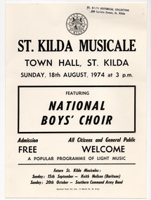 Ephemera - Poster, St Kilda Musicale featuring National Boys' Choir, 1974