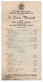 Ephemera - Concert program, St Kilda Musicale featuring John Atwell (Organist) in association with Miss Geraldine Dee (Vocalist), 1972