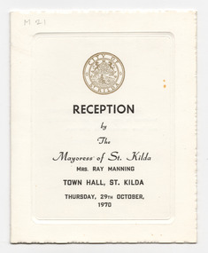 Ephemera - Program - mayoress reception, Civic Reception by the Mayoress of St Kilda, 1970