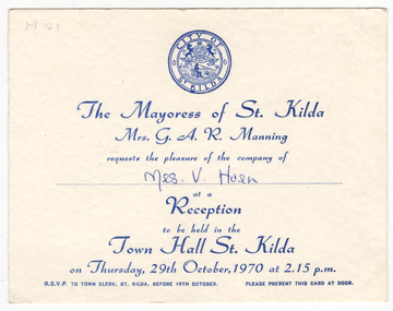 Ephemera - Invitation - mayoress reception, Reception, 1970