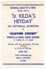 Ephemera - Flyer, 'St. Kilda's Heyday' An Historical Exhibition at 'Cloyne Court', 1975