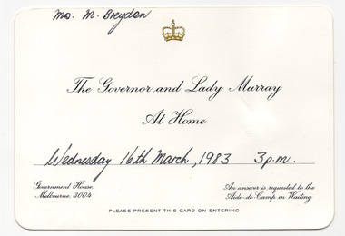 Ephemera - Invitation, The Governor and Lady Murray At Home, 1983