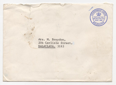 Ephemera - Invitation, Envelope for invitation to event at Government House, 1983