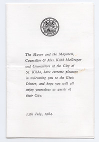 Ephemera - Menu, Civic Dinner, 1984