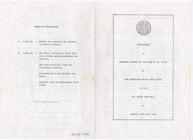 Ephemera - Special event program, Conferring of Honorary Freedom of the City of St Kilda on the Honourable Brian James Dixon, 1982