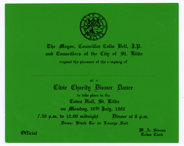 Ephemera - Invitation, Civic Charity Dinner Dance, 1982