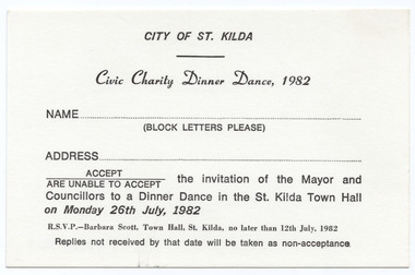 Ephemera - Invitation RSVP, Civic Charity Dinner Dance 1982, 1982