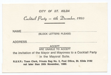 Ephemera - Invitation RSVP, Cocktail Party 6th December 1980, 1980