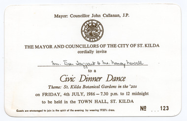 Ephemera - Invitation, Civic Dinner Dance, 1986