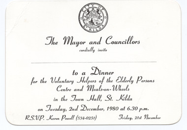 Ephemera - Invitation, Dinner for the Voluntary Helpers of the Elderly Persons Centre and Meals-on-Wheels, 1980