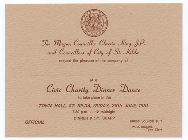 Ephemera - Invitation, Civic Charity Dinner Dance, 1981