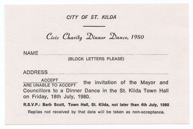 Ephemera - Invitation RSVP, Civic Charity Dinner Dance 1980, 1980