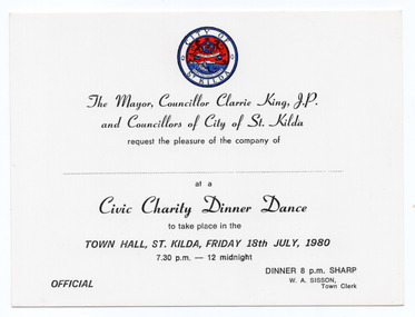 Ephemera - Invitation, Civic Charity Dinner Dance, 1980