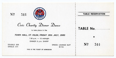 Ephemera - Ticket, Civic Charity Dinner Dance, 1980