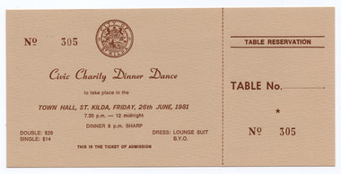 Ephemera - Ticket, Civic Charity Dinner Dance, 1981