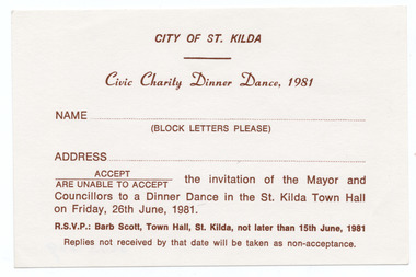 Ephemera - Invitation RSVP, Civic Charity Dinner Dance 1981, 1980