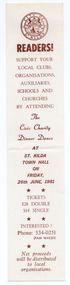 Ephemera - Bookmark, Civic Charity Dinner Dance, 1981