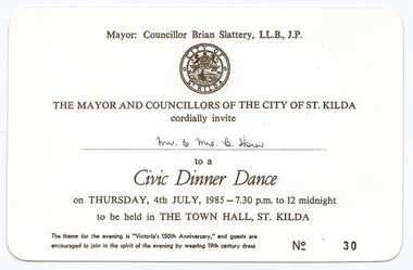 Ephemera - Invitation, Civic Dinner Dance, 1985