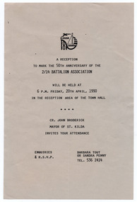 Ephemera - Invitation, A Reception to Mark the 50th Anniversary of the 2/14 Battalion Association, 1990