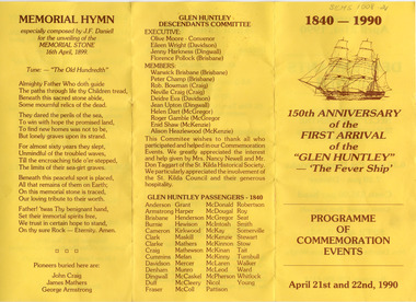 Ephemera - Special event program, 150th Anniversary of the First Arrival of the 'Glen Huntley' - 'The Fever Ship'