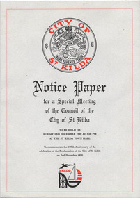 Administrative record - Council notice papers, Notice Paper for Special Meeting of the Council of the City of St Kilda, 1990